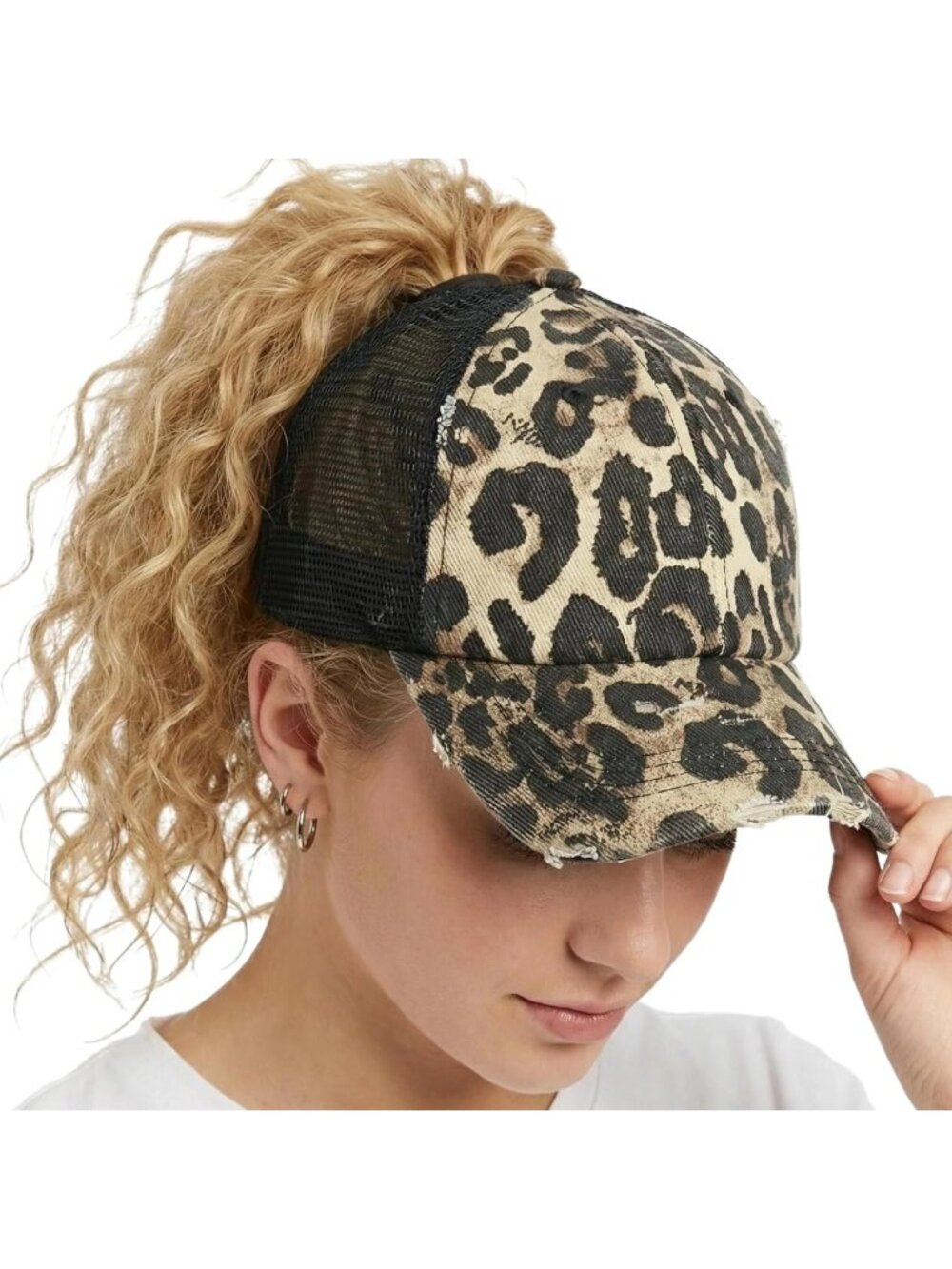 〽️Women Leopard Black High Ponytail Baseball Cap Trucker Bad Hair Day Adjustable